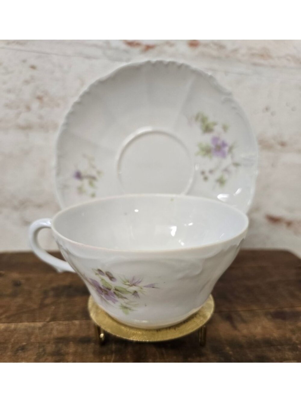 Vintage Austria Bone China Tea Cup & Saucer Lavender Floral Scalloped Edges